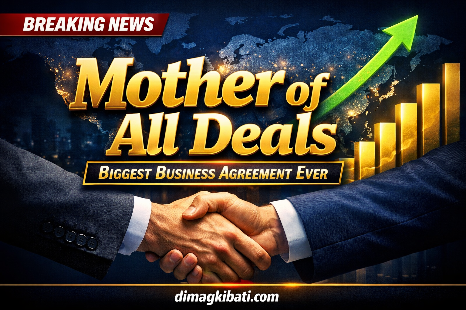 Mother of All Deals breaking news thumbnail showing biggest business agreement, corporate handshake, rising stock market graph, global map background and dimagkibati.com branding.