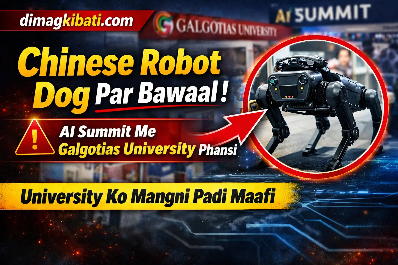 Galgotias University AI Summit controversy thumbnail showing Chinese robot dog and apology issue | dimagkibati.com