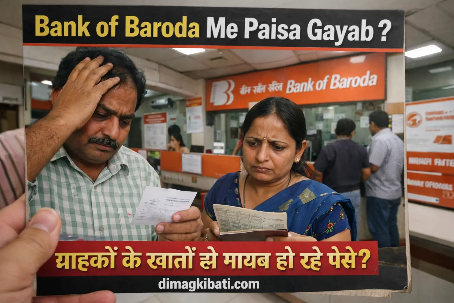 Bank of Baroda Me Paisa Gayab? Pareshan Grahak, ATM Low Balance aur girti savings dikhata news thumbnail – dimagkibati.com