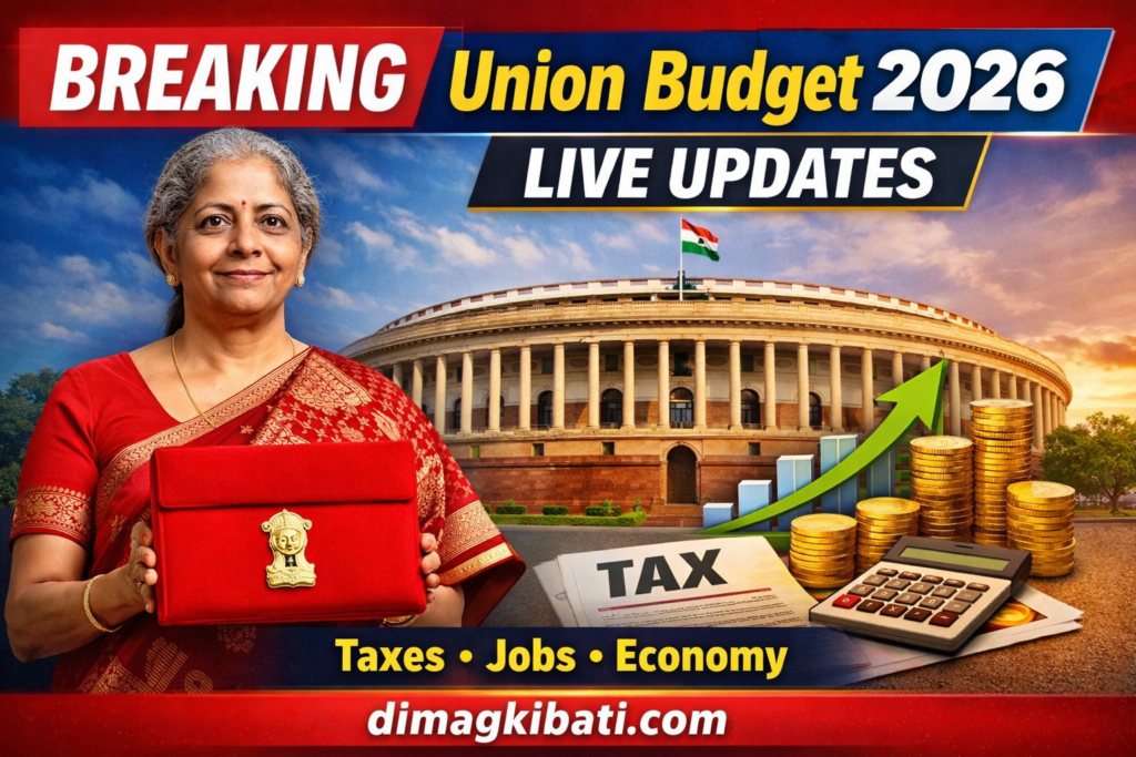 Union Budget 2026 breaking news thumbnail showing Finance Minister with budget briefcase and Indian Parliament
