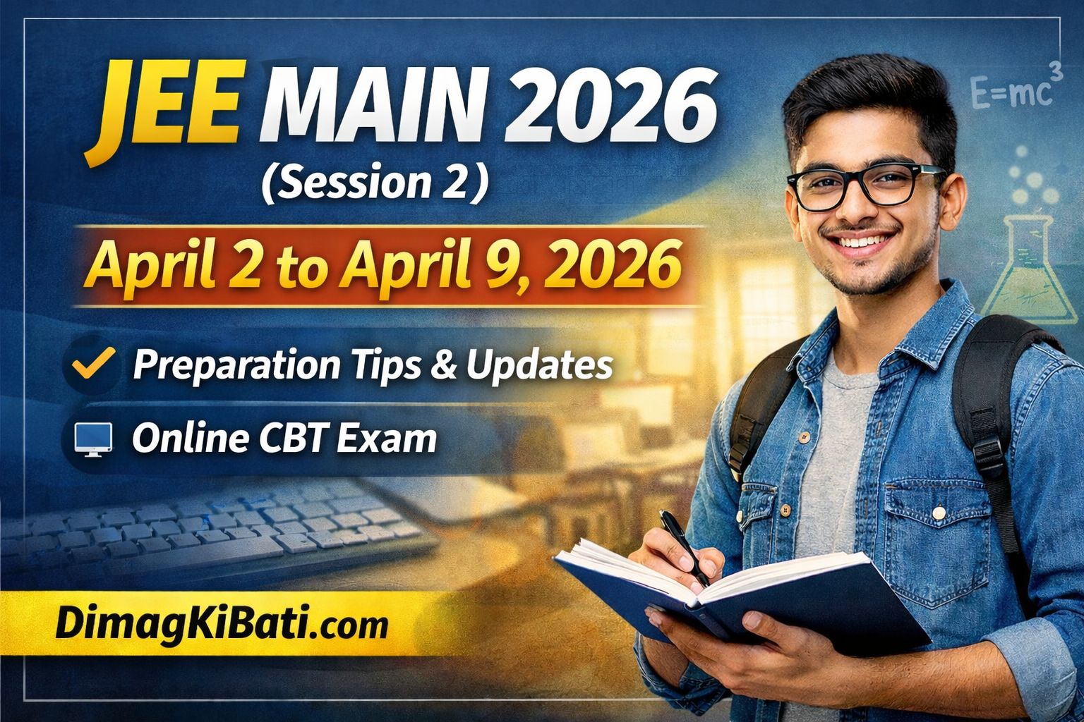 JEE Main 2026 (Session 2) exam dates April 2-9, 2026 thumbnail showing a smiling student with notebook, exam icons, and website branding DimagKiBati.com.