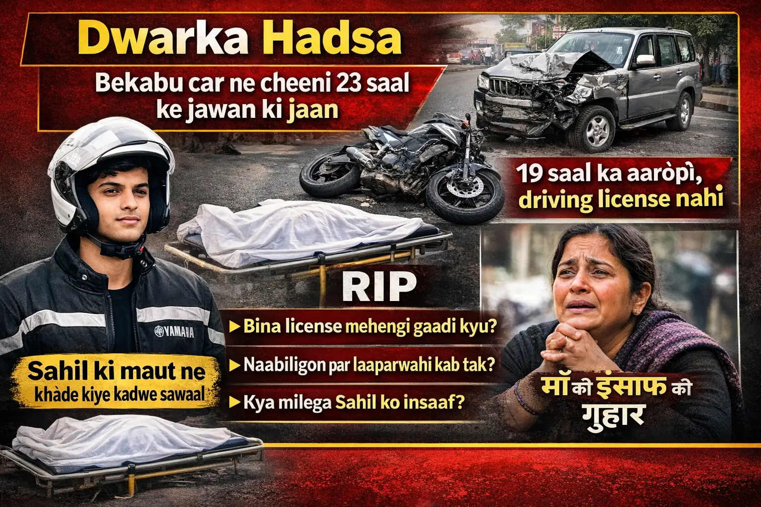 Tragic Dwarka accident scene showing crashed Mahindra Scorpio and Yamaha bike, grieving mother, and 23-year-old victim Sahil; highlighting road safety and justice concerns. dimagkibati.com"