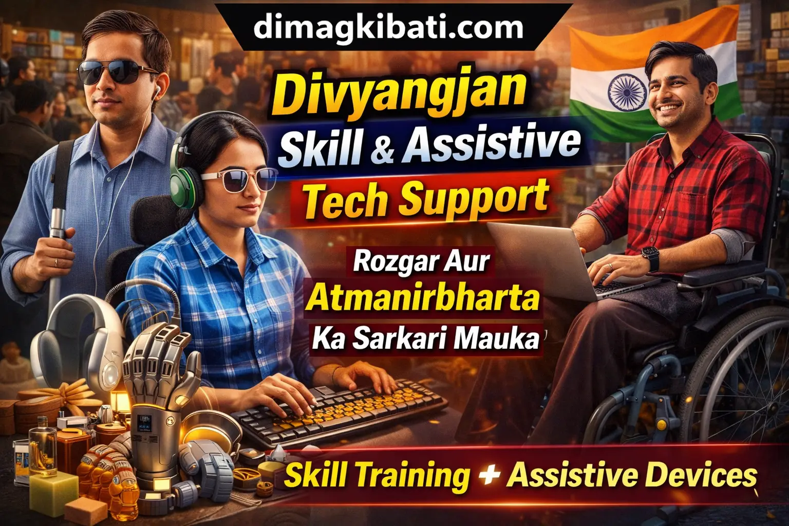 Divyangjan Skill & Assistive Tech Support scheme ka thumbnail jisme wheelchair user, visually impaired aur hearing impaired log skill training lete hue aur assistive technology devices ke saath kaam karte dikh rahe hain, saath hi rozgar aur atmanirbharta ka message likha hai – dimagkibati.com