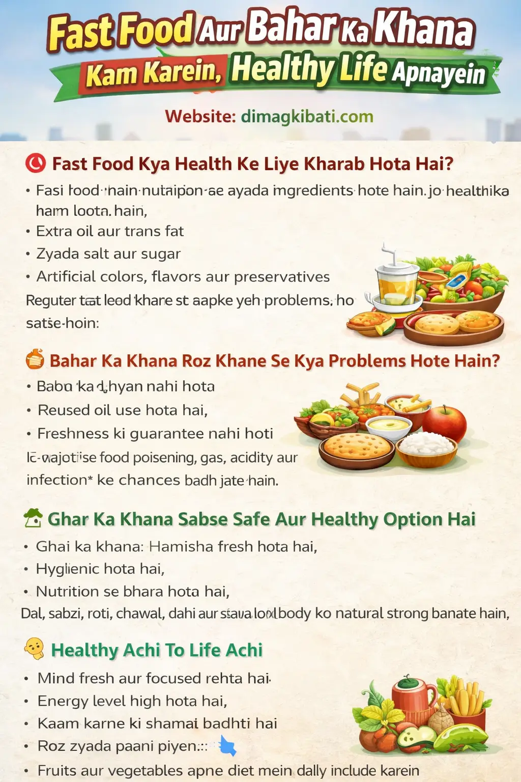 Fast food aur bahar ka khana kam karein, healthy life apnayein – junk food vs ghar ka healthy khana comparison thumbnail with dimagkibati.com branding