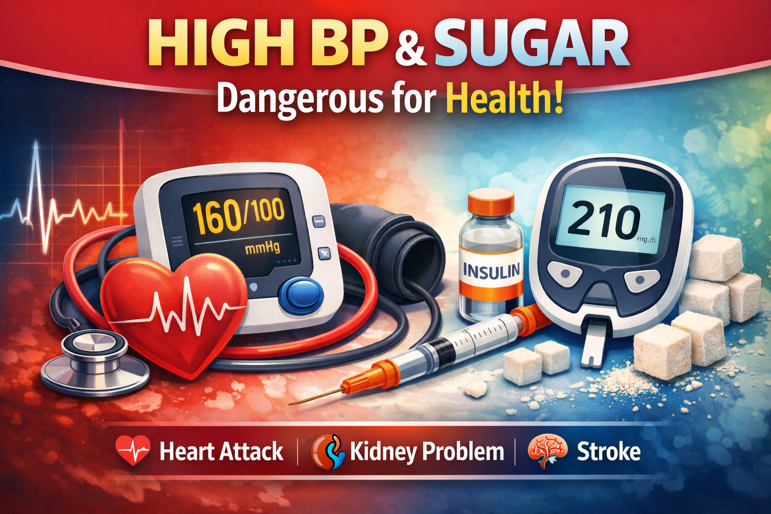 High blood pressure and high blood sugar health awareness thumbnail showing a BP monitor, glucose meter, insulin vial, heart icon, and sugar cubes highlighting risks like heart attack, kidney problems, and stroke.
