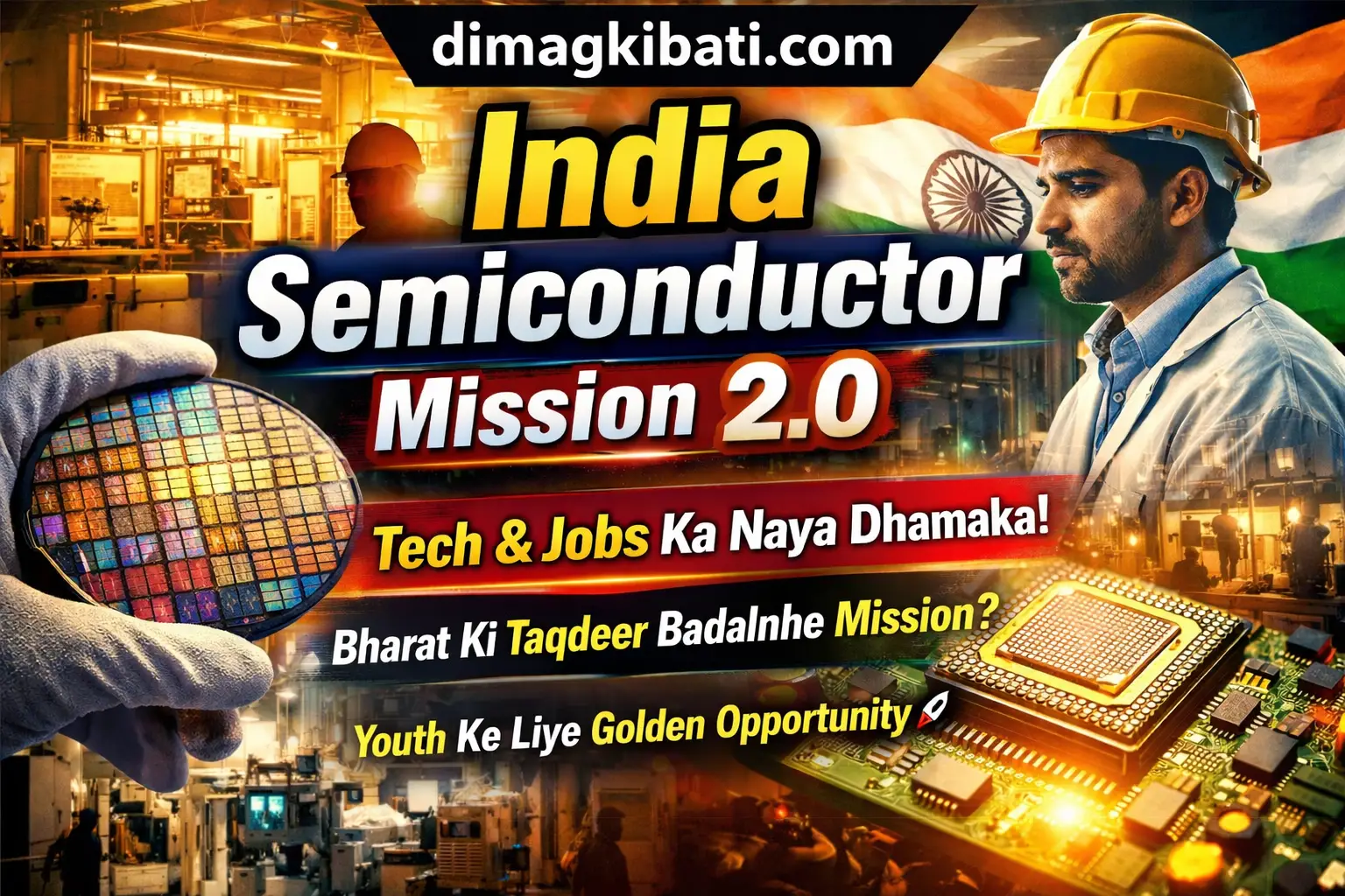 India Semiconductor Mission 2.0 ka thumbnail jisme chip manufacturing, engineer, factory aur Indian flag dikh raha hai, saath hi text likha hai – Tech & Jobs Ka Naya Dhamaka, Bharat Ki Taqdeer Badalne Wala Mission – dimagkibati.com