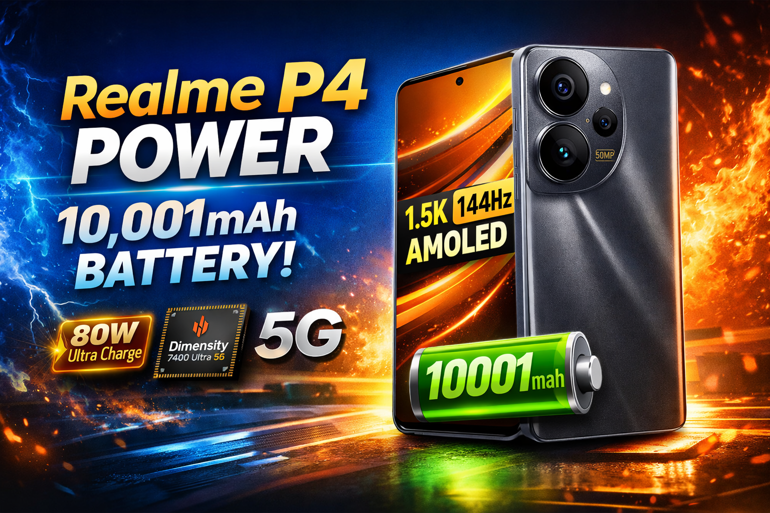 Realme P4 Power 5G smartphone thumbnail showing 10,001mAh battery, 144Hz AMOLED display, 80W fast charging and 5G support