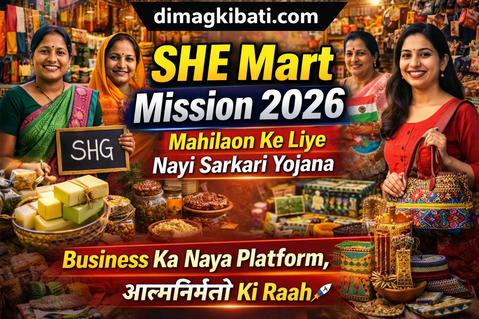 SHE Mart Mission 2026 par based news image jisme rural aur urban women entrepreneurs, self help group ki mahilaayein apne handmade aur local products ke saath dikh rahi hain, jo sarkari yojana ke through business aur self-reliance ki taraf badh rahi hain – dimagkibati.com