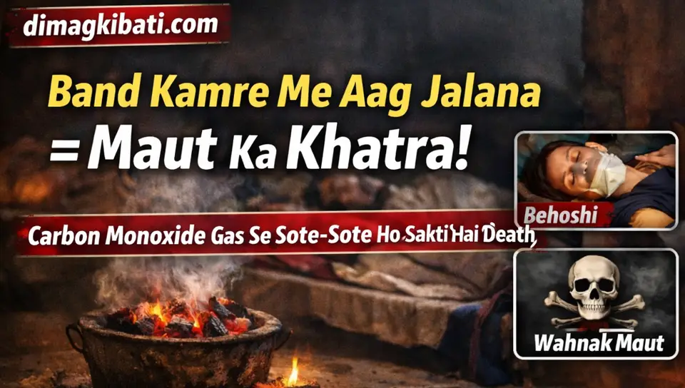 Band kamre me angeethi ya aag jala kar sone se carbon monoxide gas ke kaaran maut ka khatra, winter safety awareness image.