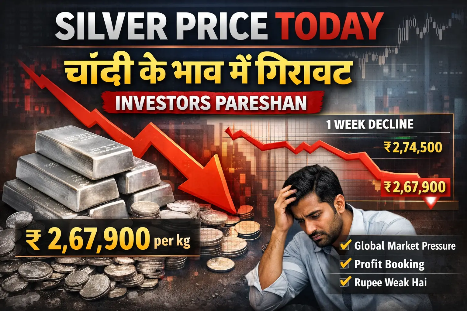 Silver Price Today: Chandi ke bhav me girawat, ₹2,67,900 per kg, investors pareshan, bullion market trend February 2026