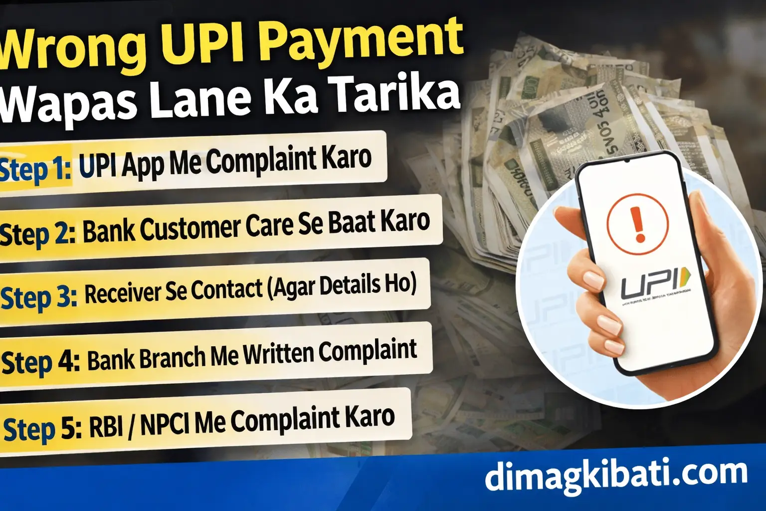 Wrong UPI payment wapas kaise mile – UPI refund process steps infographic | dimagkibati.com