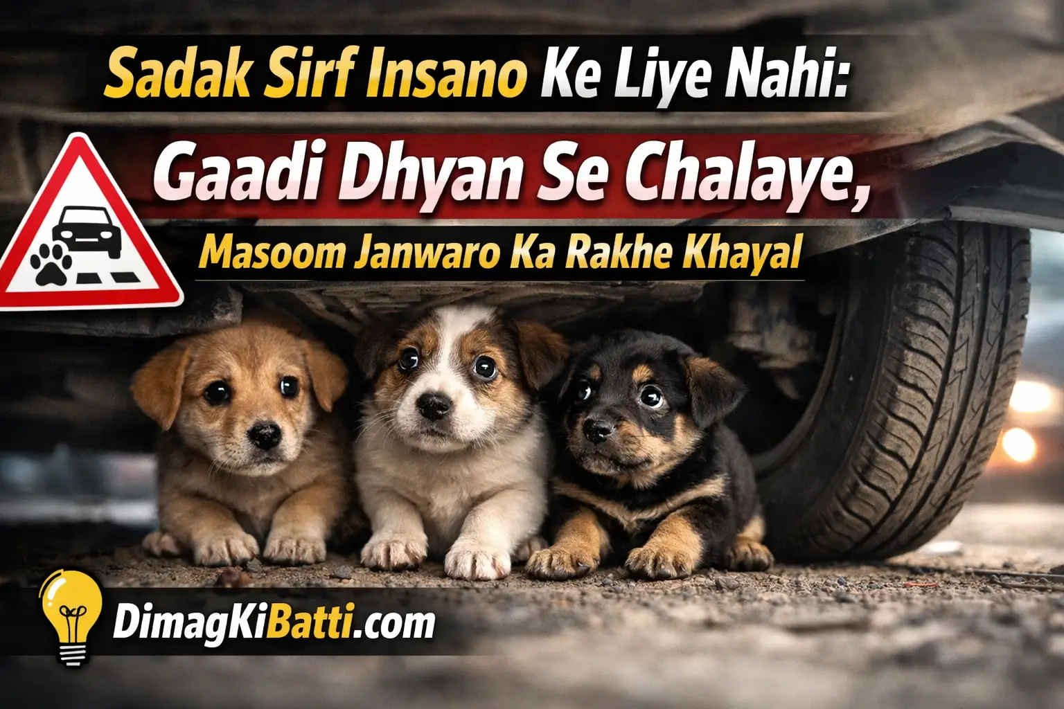 Masoom janwar sadak par chalte hue, gaadi ke paas khade kutte ke bachche, driver ka dhyan, road par janwaron ki suraksha, phone ke bina savdhani se driving karte hue insaan, street animals safety awareness India