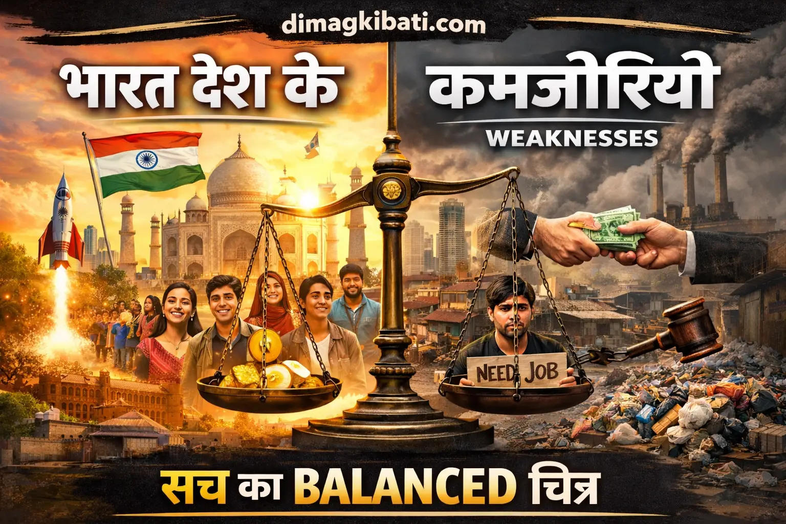 Bharat desh ke positive aur negative points dikhata balanced thumbnail image, jisme ek taraf development aur youth power hai aur doosri taraf unemployment, corruption aur social problems, upar dimagkibati.com likha hua.