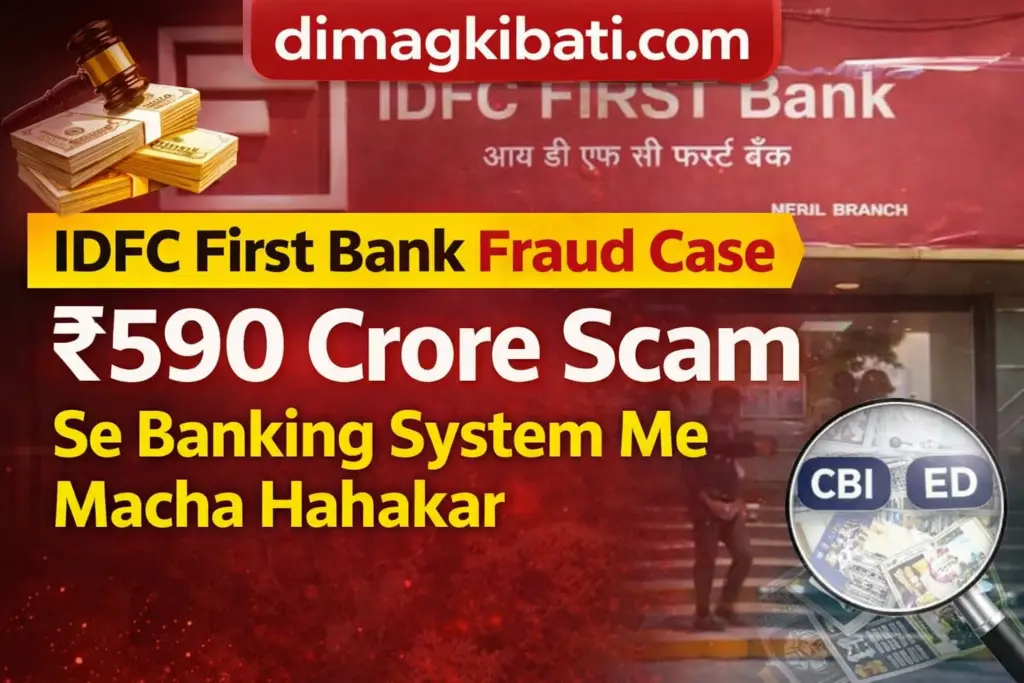 “IDFC First Bank ₹590 crore fraud case thumbnail showing bank branch, investigation symbols and dimagkibati.com branding”