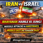 Iran vs Israel breaking news thumbnail jisme missile attacks, airstrikes aur Middle East me badhti tension dikhayi gayi hai, bhayanak hamle ki jung ka scene.