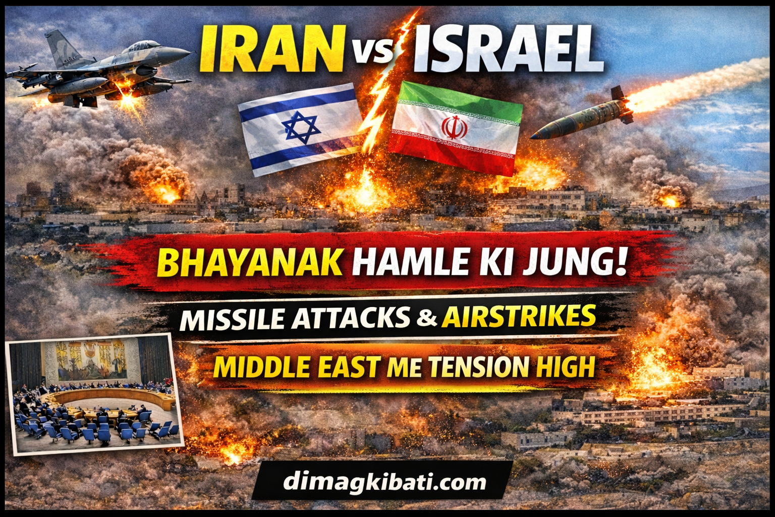 Iran vs Israel breaking news thumbnail jisme missile attacks, airstrikes aur Middle East me badhti tension dikhayi gayi hai, bhayanak hamle ki jung ka scene.
